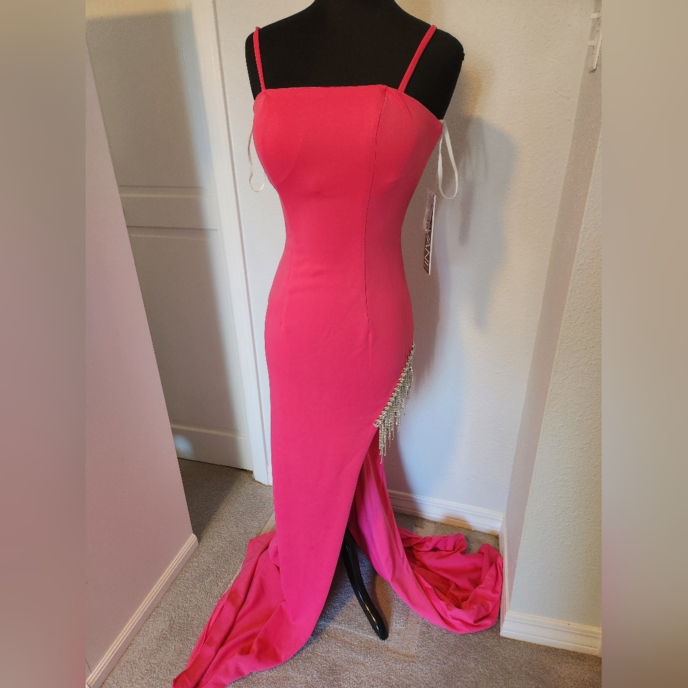 NWT Jovani 24102 Hot Pink Rhinestone Fringe High Leg Slit Evening Gown Dress 2